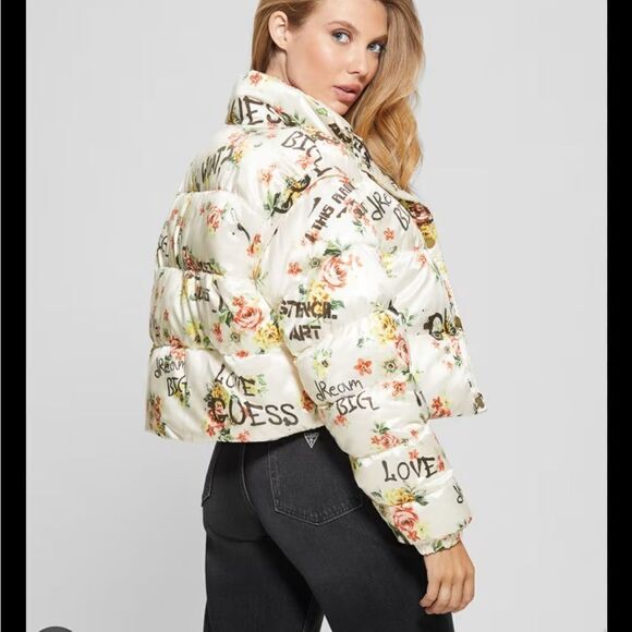 NWT GUESS x Brandalised Wilde Floral Graffiti Puffer Vest Convertible Jacket - Picture 9 of 15